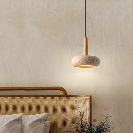 Japanse Hanglamp – Geel Travertin met Houten Accent en Geïntegreerde LED