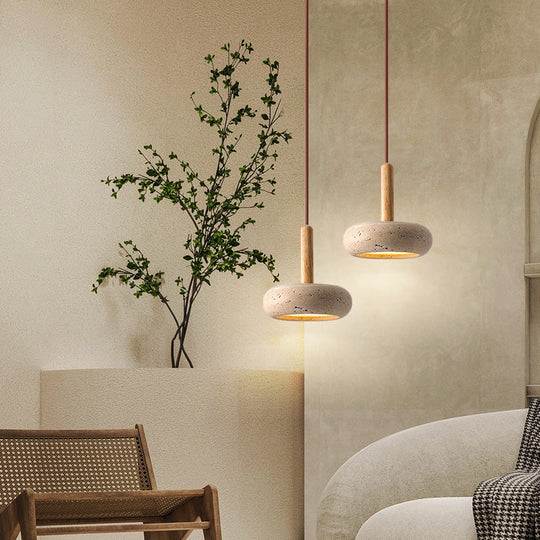 Japanse Hanglamp – Geel Travertin met Houten Accent en Geïntegreerde LED