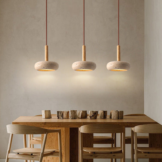 Japanse Hanglamp – Geel Travertin met Houten Accent en Geïntegreerde LED