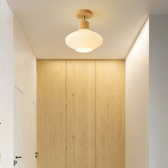 Moderne Japandi Plafondlamp – Walnoot & Hout met Glazen Kap
