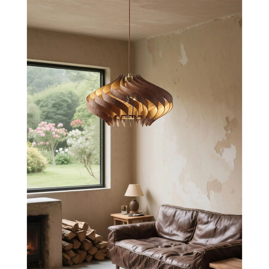 Japandi Houten Hanglamp met Spiraalvormige Lamellen