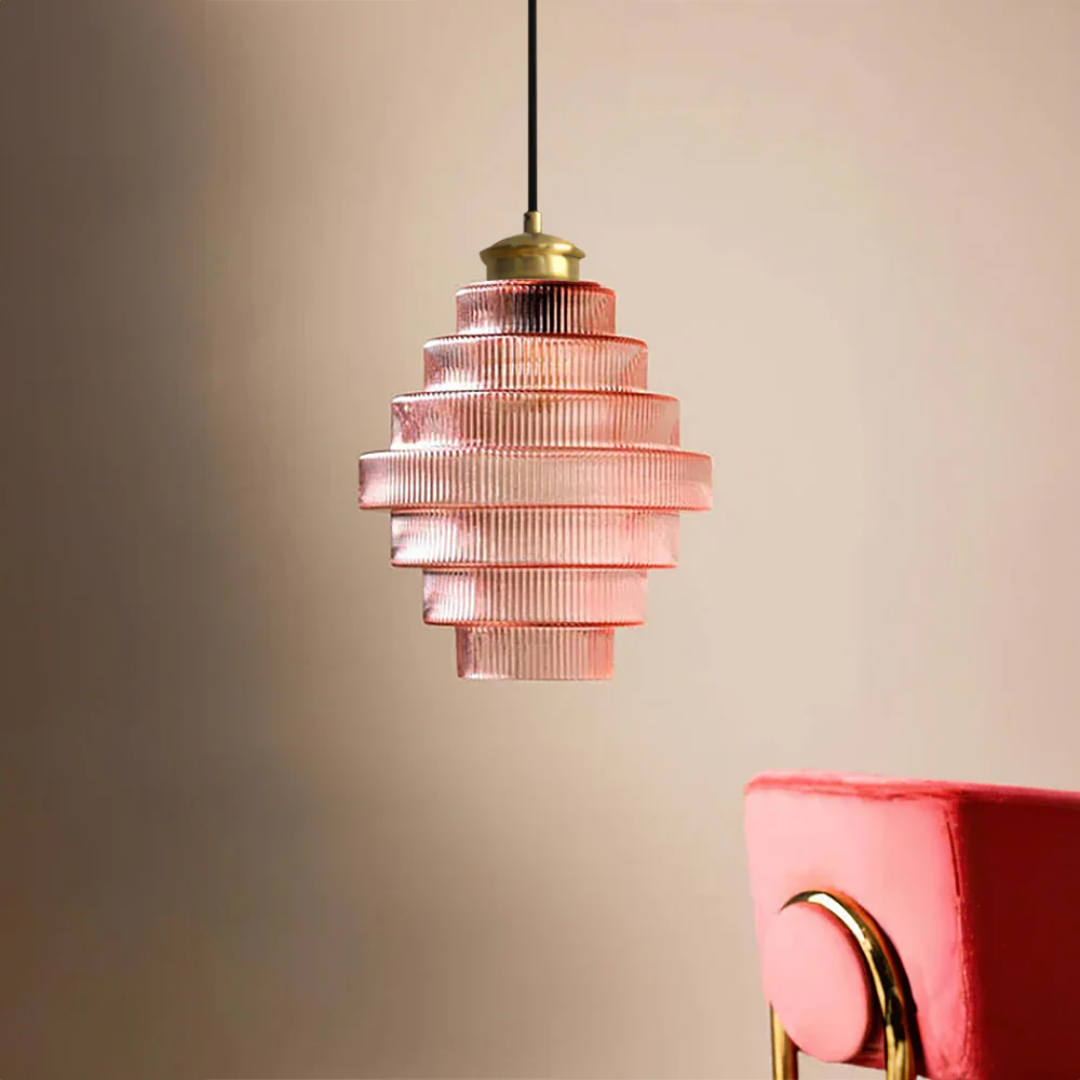 Golvende Glazen Hanglamp met Geribbelde Kap en Messing Details