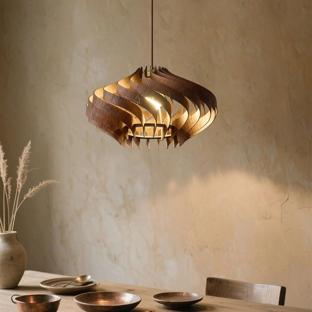 Japandi Houten Hanglamp met Spiraalvormige Lamellen
