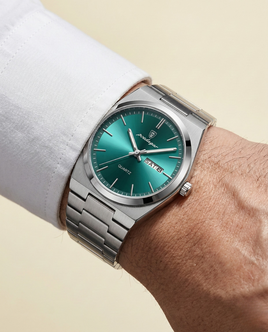 Stalen Horloge met Smaragdgroene Wijzerplaat