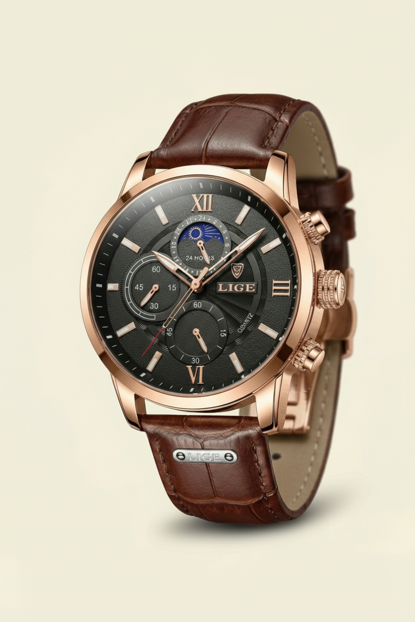 Prestige Leren Horloge met Maanfase