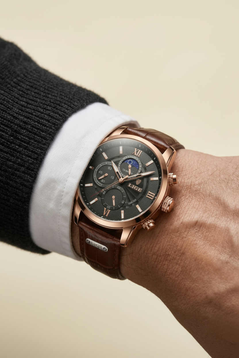 Prestige Leren Horloge met Maanfase