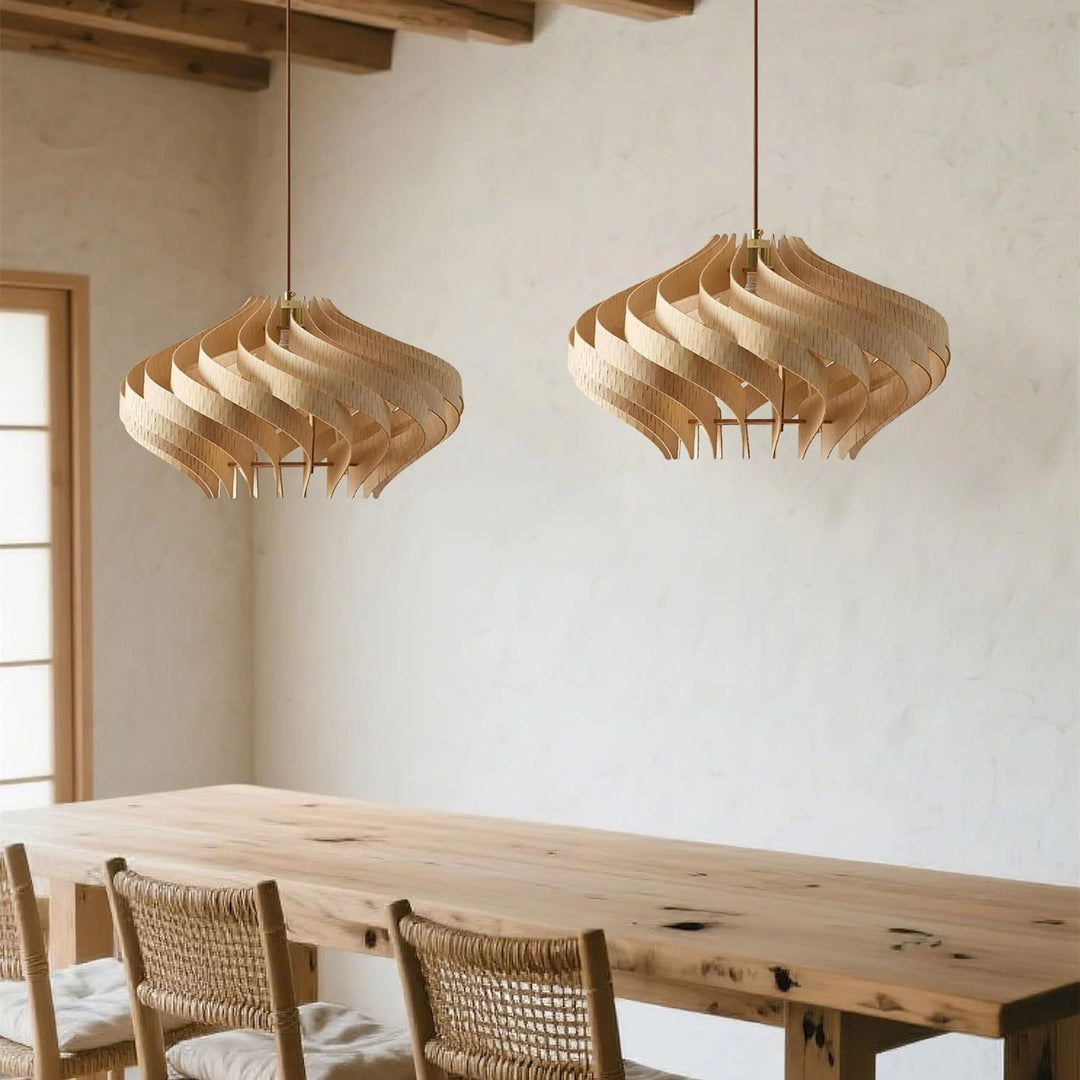 Japandi Houten Hanglamp met Spiraalvormige Lamellen