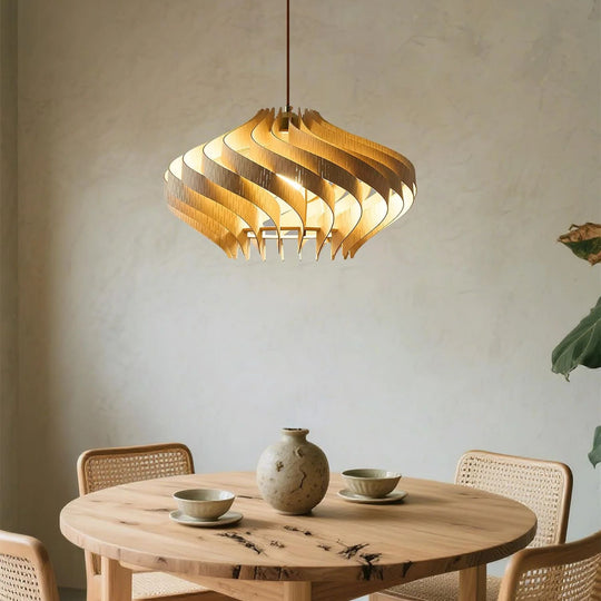 Japandi Houten Hanglamp met Spiraalvormige Lamellen