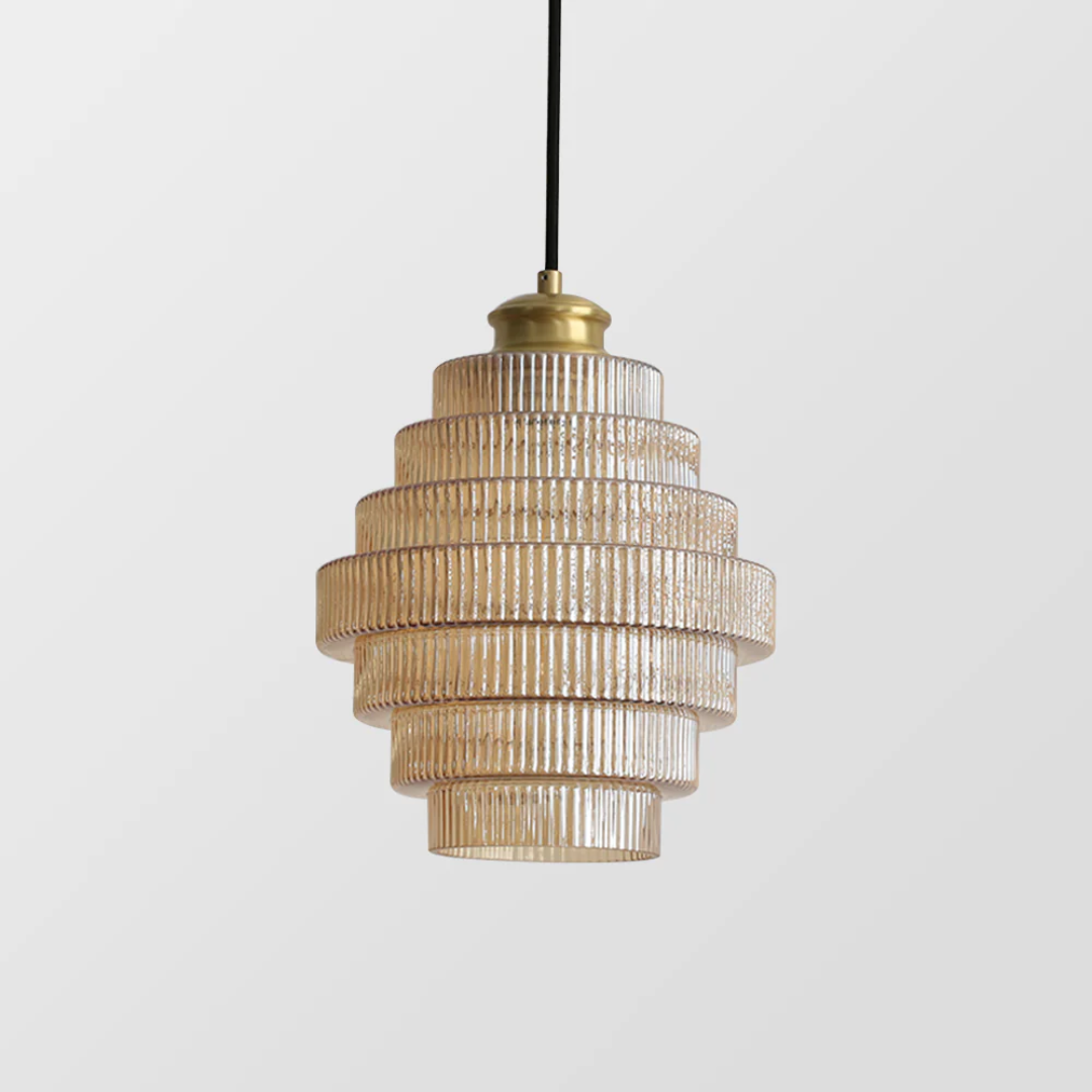 Golvende Glazen Hanglamp met Geribbelde Kap en Messing Details