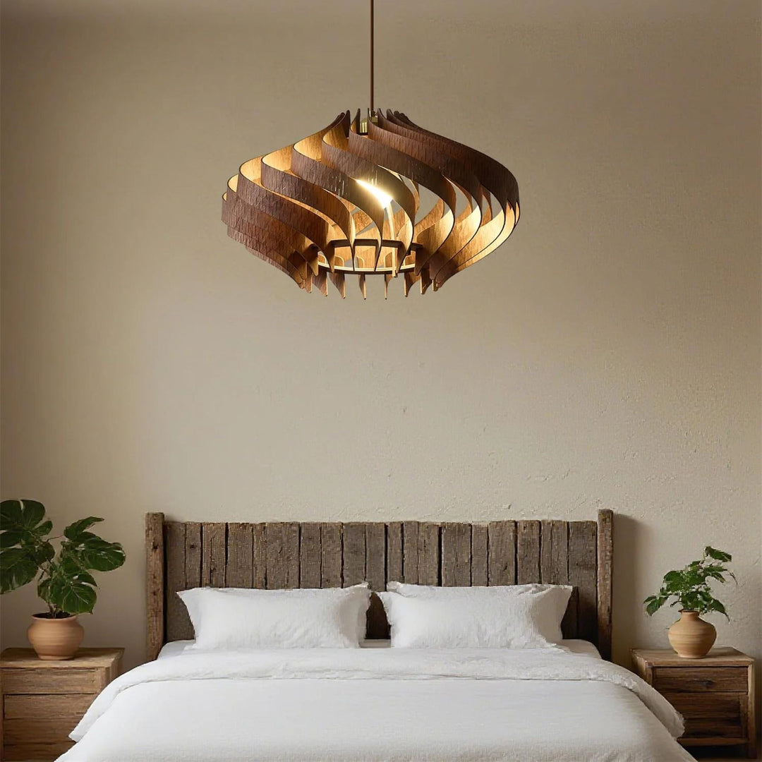 Japandi Houten Hanglamp met Spiraalvormige Lamellen