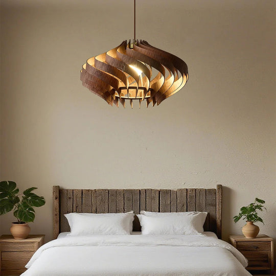 Japandi Houten Hanglamp met Spiraalvormige Lamellen