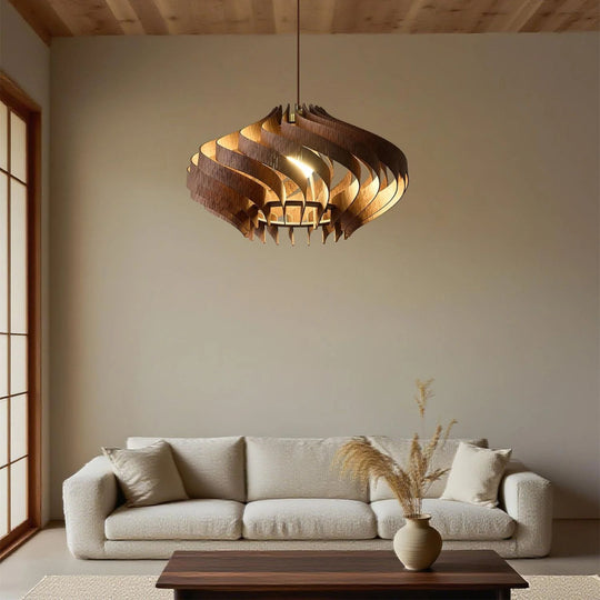 Japandi Houten Hanglamp met Spiraalvormige Lamellen