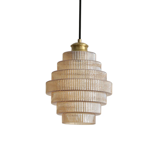 Golvende Glazen Hanglamp met Geribbelde Kap en Messing Details
