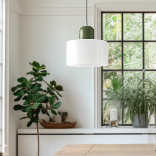 Retro Hanglamp met Oranje Glazen Kap & Groene Bovenzijde