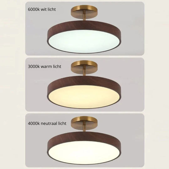 Scandinavische Plafondlamp met Houtlook & Goudkleurig Montuur