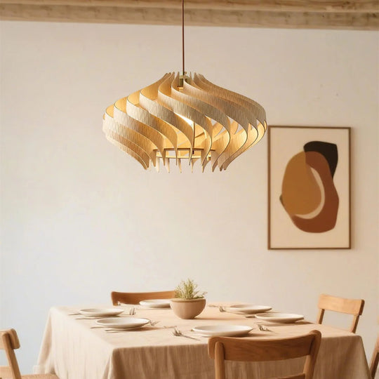 Japandi Houten Hanglamp met Spiraalvormige Lamellen