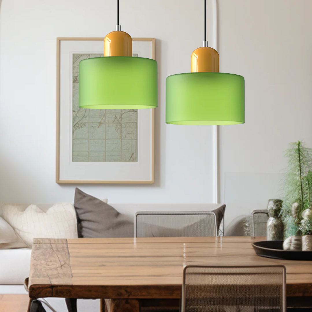 Retro Hanglamp met Oranje Glazen Kap & Groene Bovenzijde