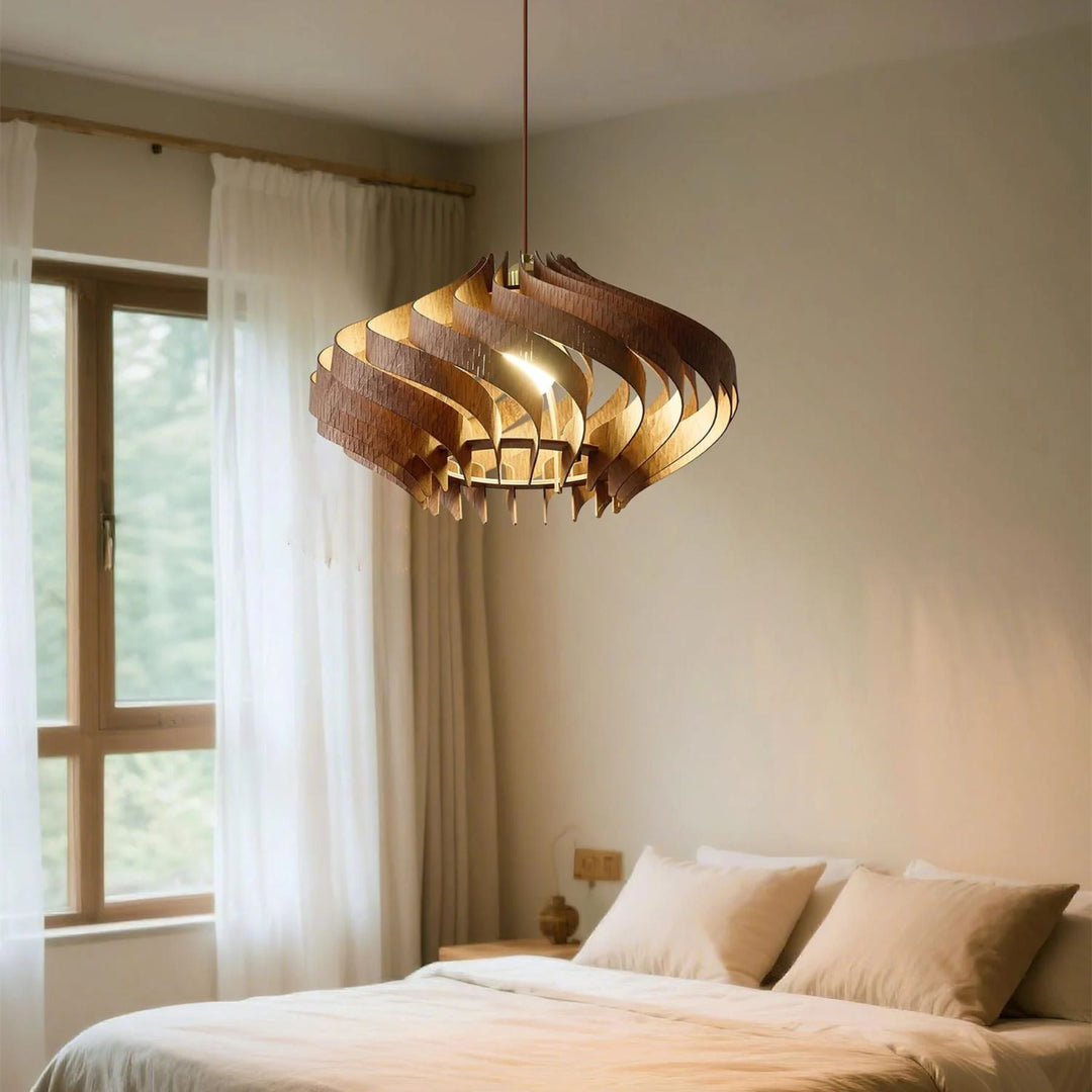 Japandi Houten Hanglamp met Spiraalvormige Lamellen