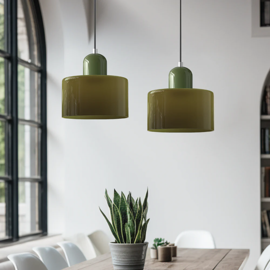 Retro Pendant Lamp with Orange Glass Shade & Green Top