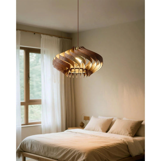 Japandi Houten Hanglamp met Spiraalvormige Lamellen