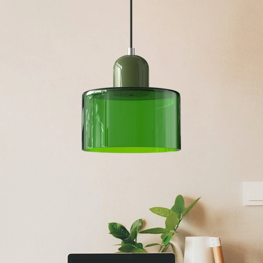 Retro Hanglamp met Oranje Glazen Kap & Groene Bovenzijde