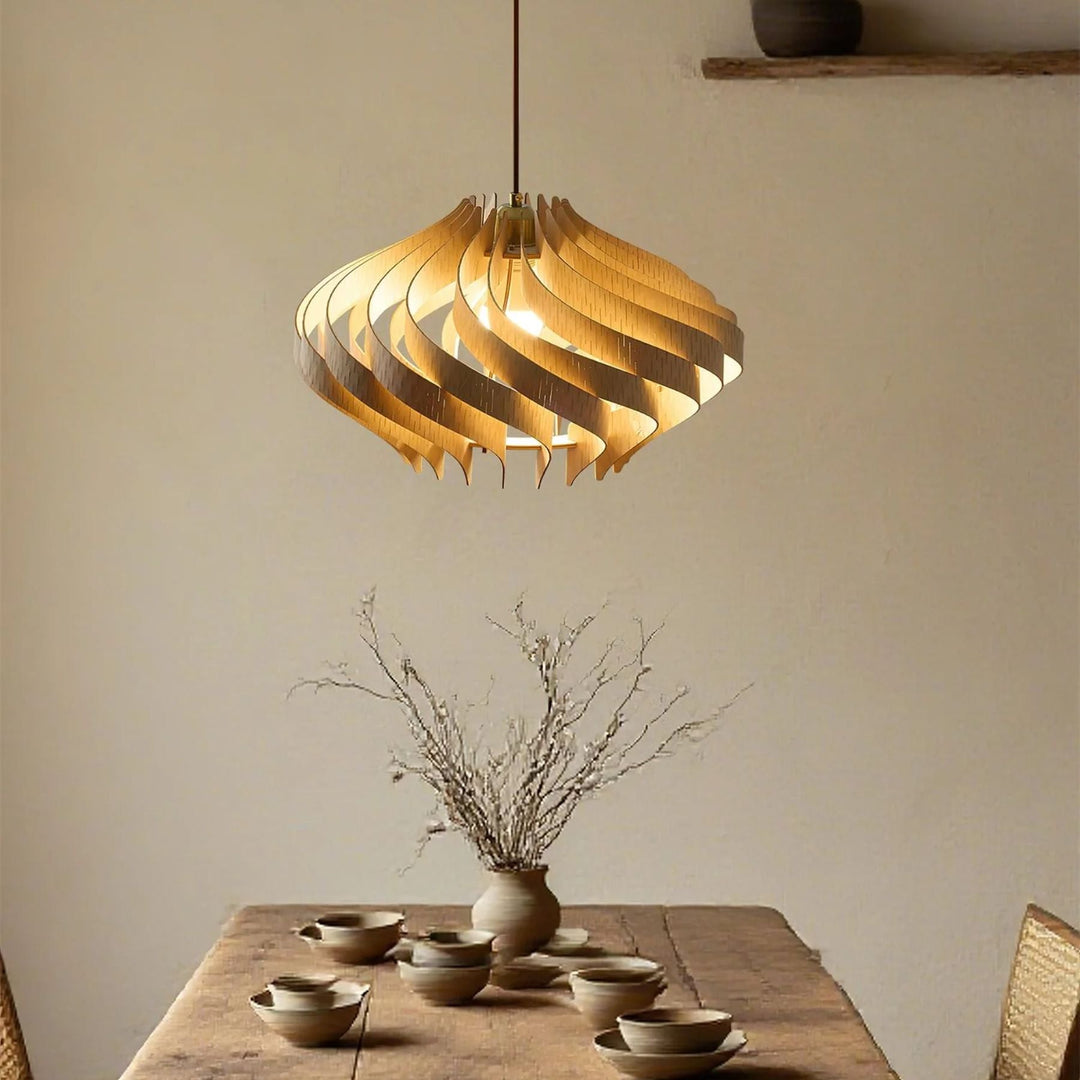 Japandi Houten Hanglamp met Spiraalvormige Lamellen