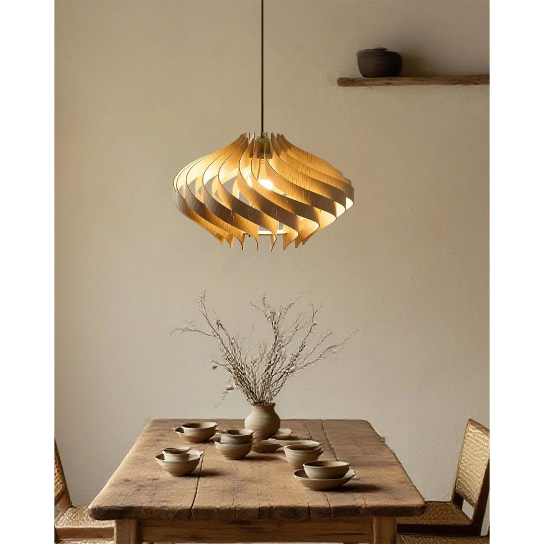 Japandi Houten Hanglamp met Spiraalvormige Lamellen
