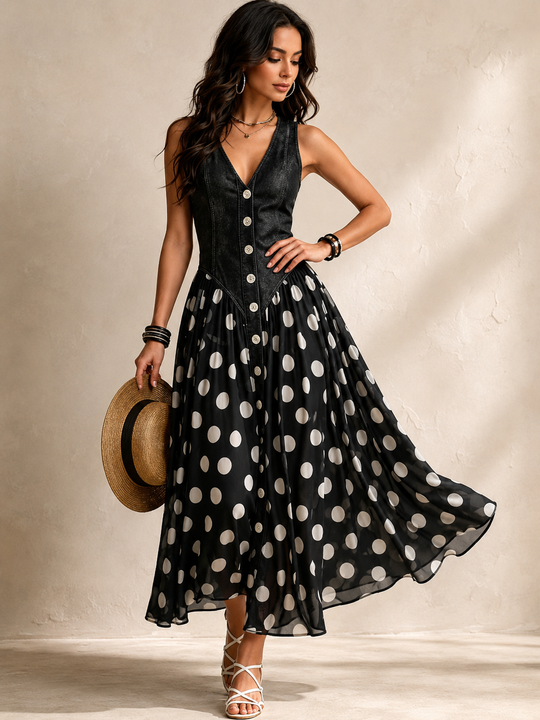 Bianca™ | Denim Maxi Jurk Met Stippen