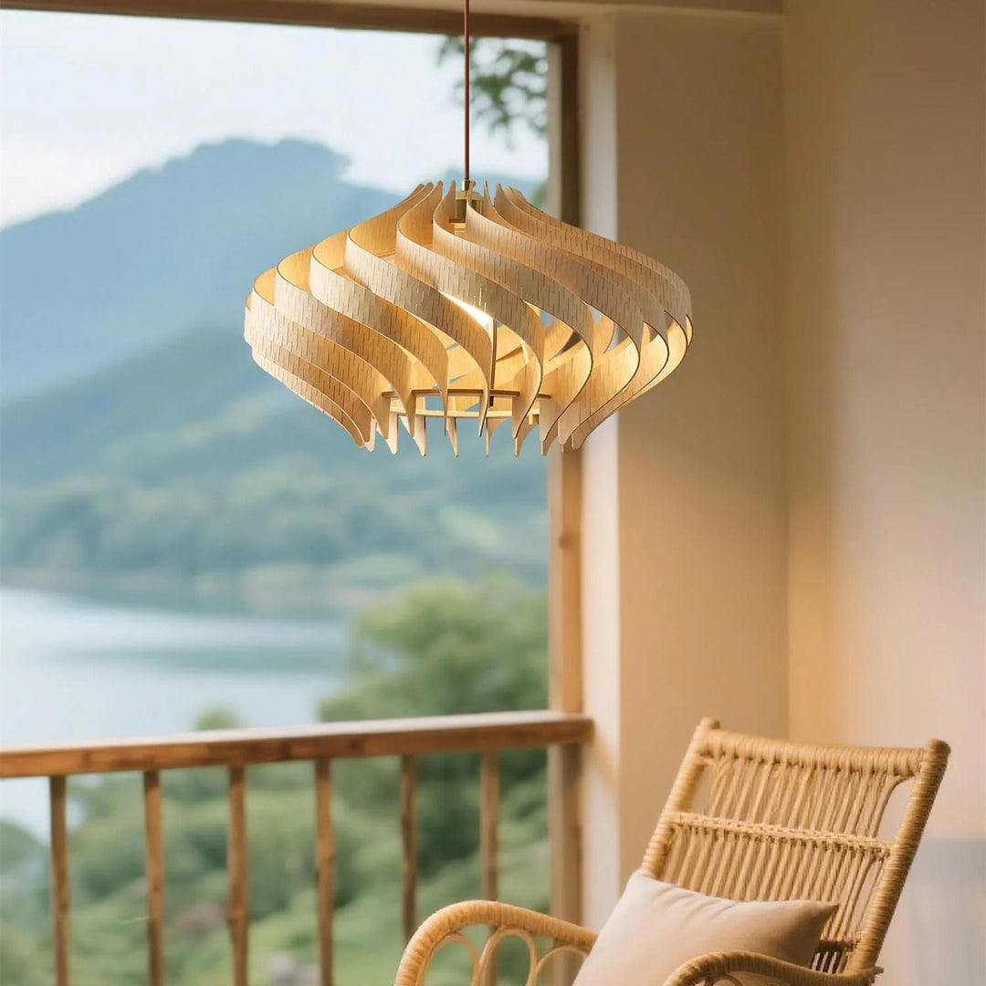 Japandi Houten Hanglamp met Spiraalvormige Lamellen