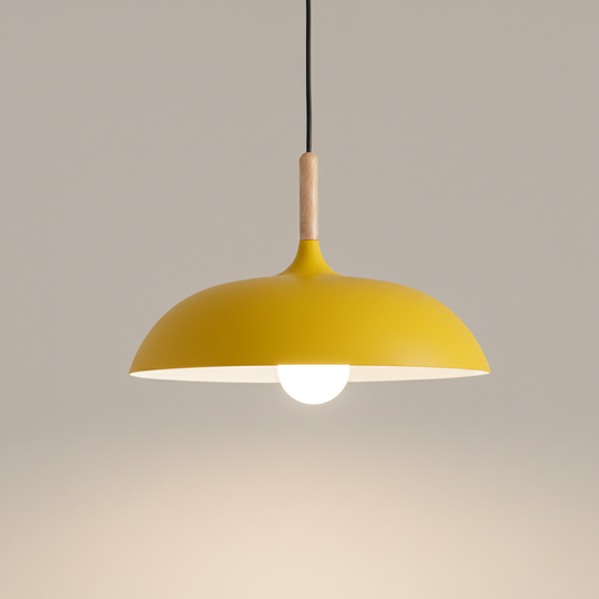 Kleurrijke Metalen Hanglamp met Houten Accent – Twee Maten