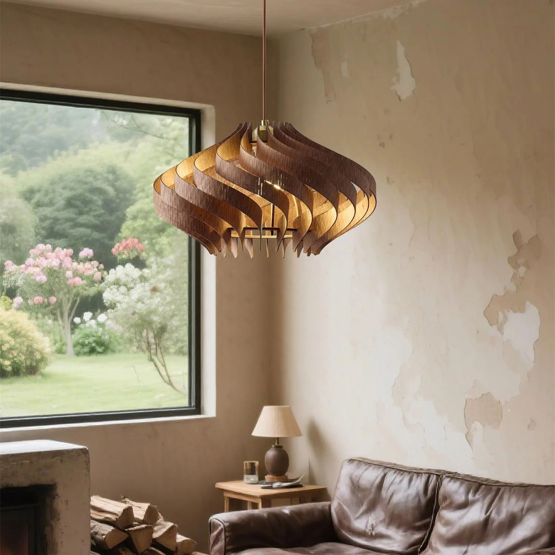 Japandi Houten Hanglamp met Spiraalvormige Lamellen
