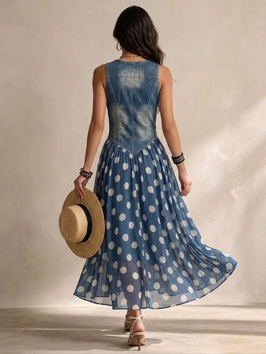 Bianca™ | Denim Maxi Jurk Met Stippen