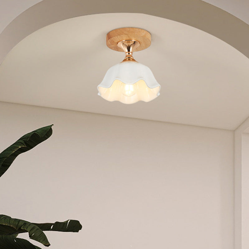 Minimalistische Scandinavische Plafondlamp – Hout & Glas – Wit – (1 Lichtbron)