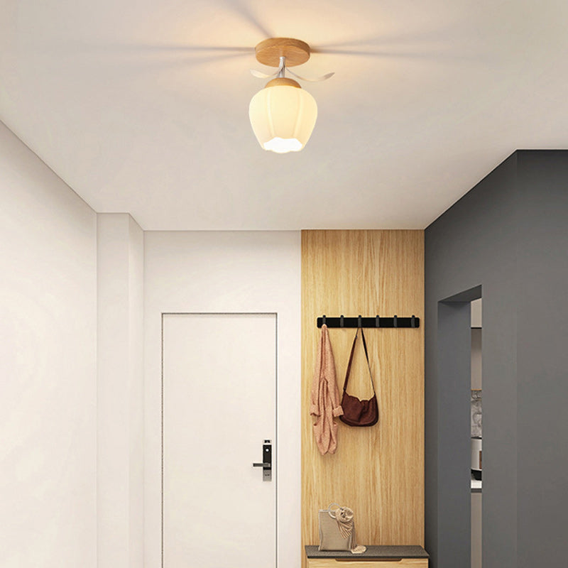 Minimalistische Scandinavische Plafondlamp – Hout & Glas – Wit – (1 Lichtbron)