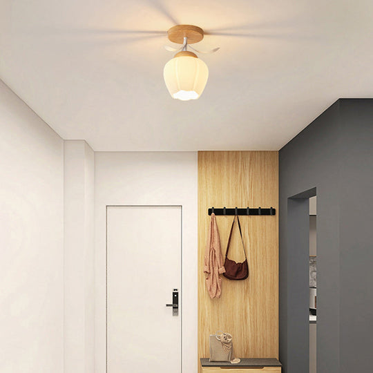 Minimalistische Scandinavische Plafondlamp – Hout & Glas – Wit – (1 Lichtbron)