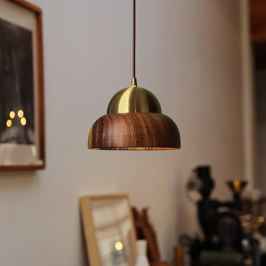 Houten Hanglamp Met Messing Accenten | Moderne Japandi Plafondlamp