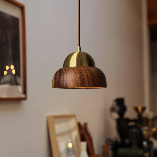 Houten Hanglamp Met Messing Accenten | Moderne Japandi Plafondlamp