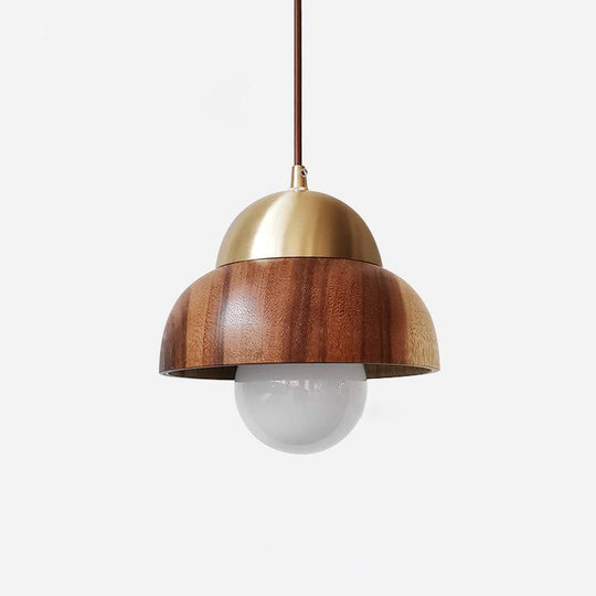Houten Hanglamp Met Messing Accenten | Moderne Japandi Plafondlamp