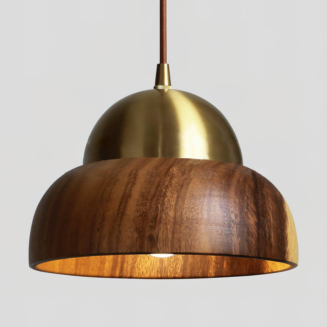 Houten Hanglamp Met Messing Accenten | Moderne Japandi Plafondlamp