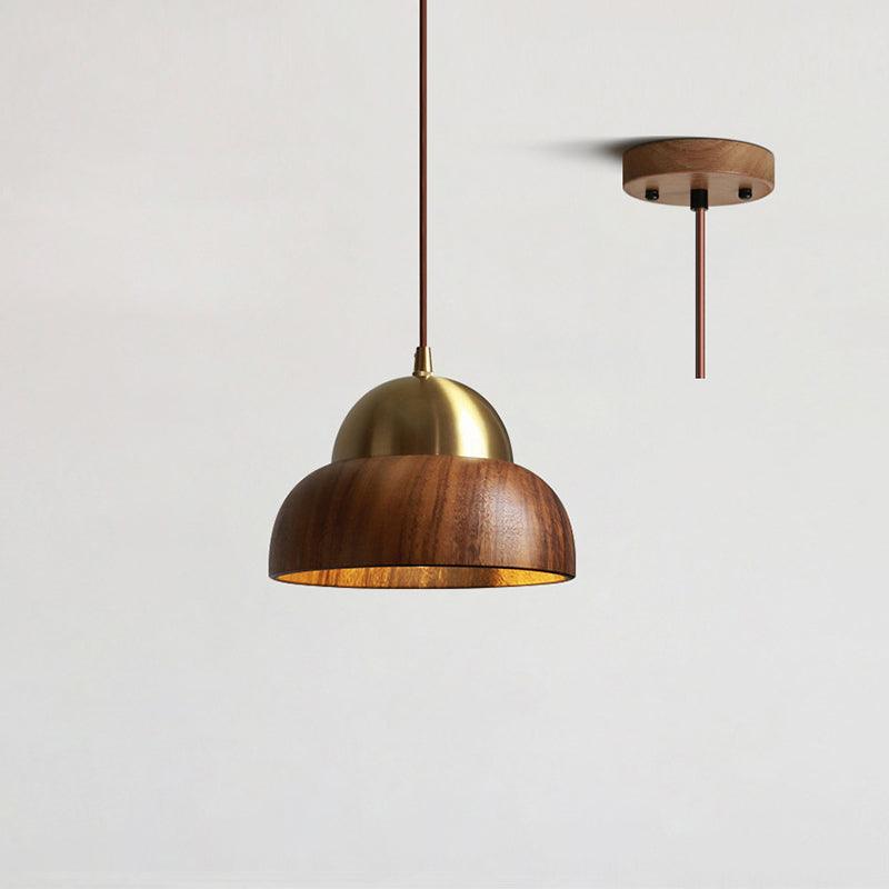 Houten Hanglamp Met Messing Accenten | Moderne Japandi Plafondlamp