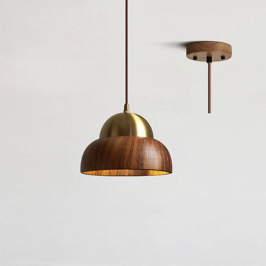 Houten Hanglamp Met Messing Accenten | Moderne Japandi Plafondlamp