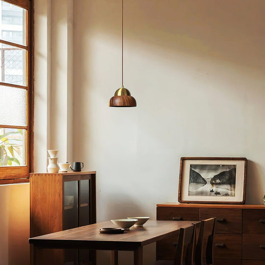 Houten Hanglamp Met Messing Accenten | Moderne Japandi Plafondlamp