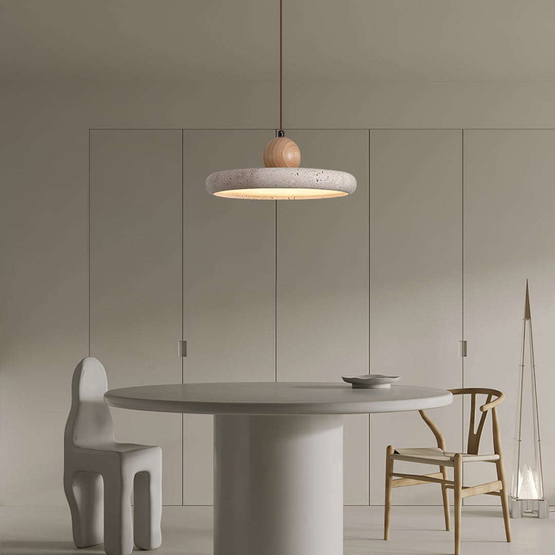 Travertin en Houten Hanglamp met Natuursteen Design en Warm LED Licht