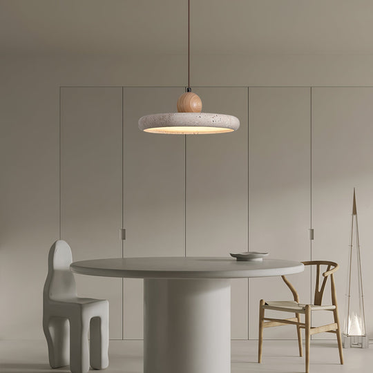 Travertin en Houten Hanglamp met Natuursteen Design en Warm LED Licht