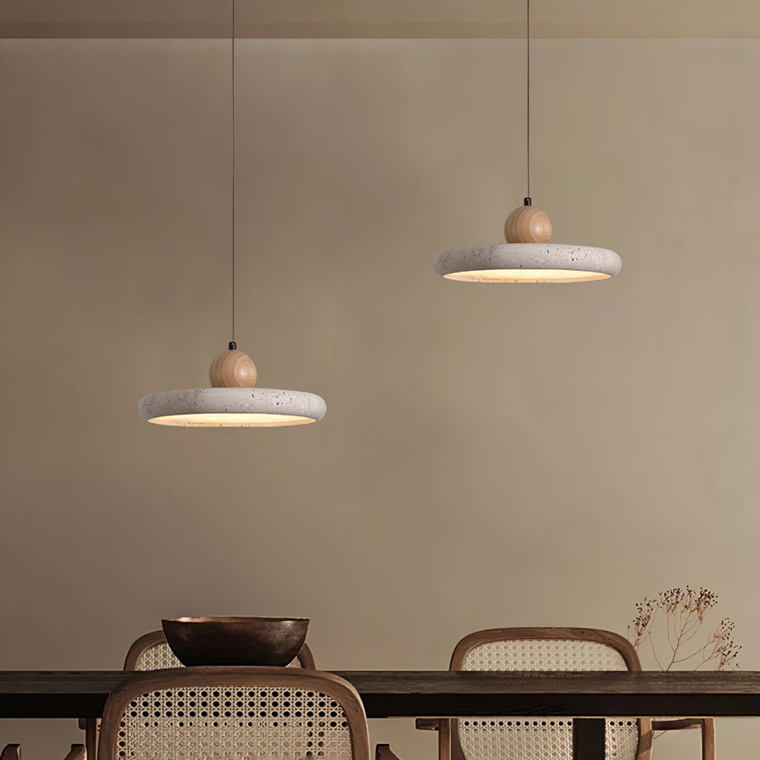 Travertin en Houten Hanglamp met Natuursteen Design en Warm LED Licht