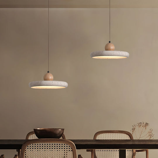 Travertin en Houten Hanglamp met Natuursteen Design en Warm LED Licht