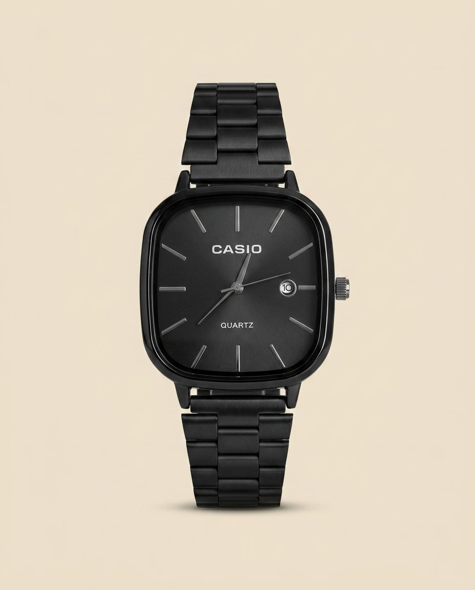 CS Vierkant Zwart Kwarts Stalen Horloge