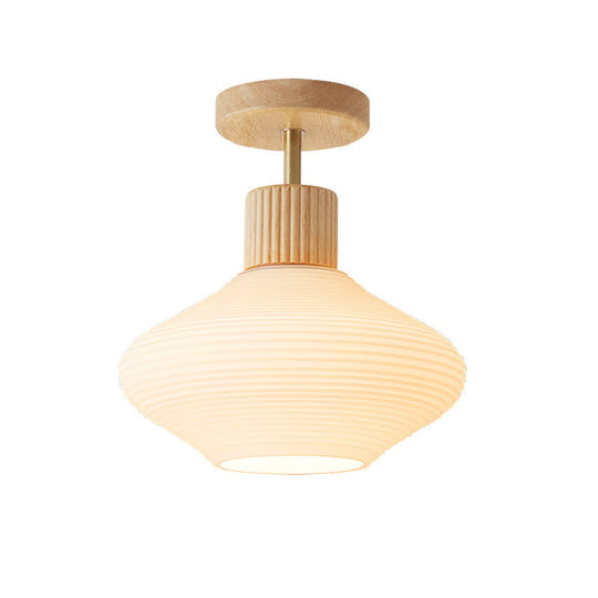 Moderne Japandi Plafondlamp – Walnoot & Hout met Glazen Kap