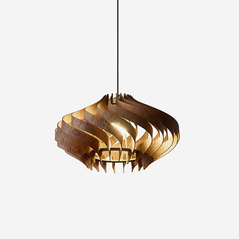 Japandi Houten Hanglamp met Spiraalvormige Lamellen